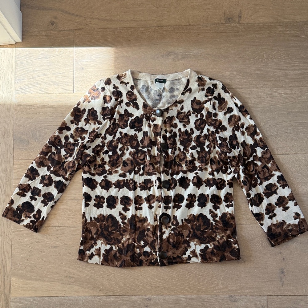 J. Crew Brown printed Floral Cardigan large 100% wool SPRING